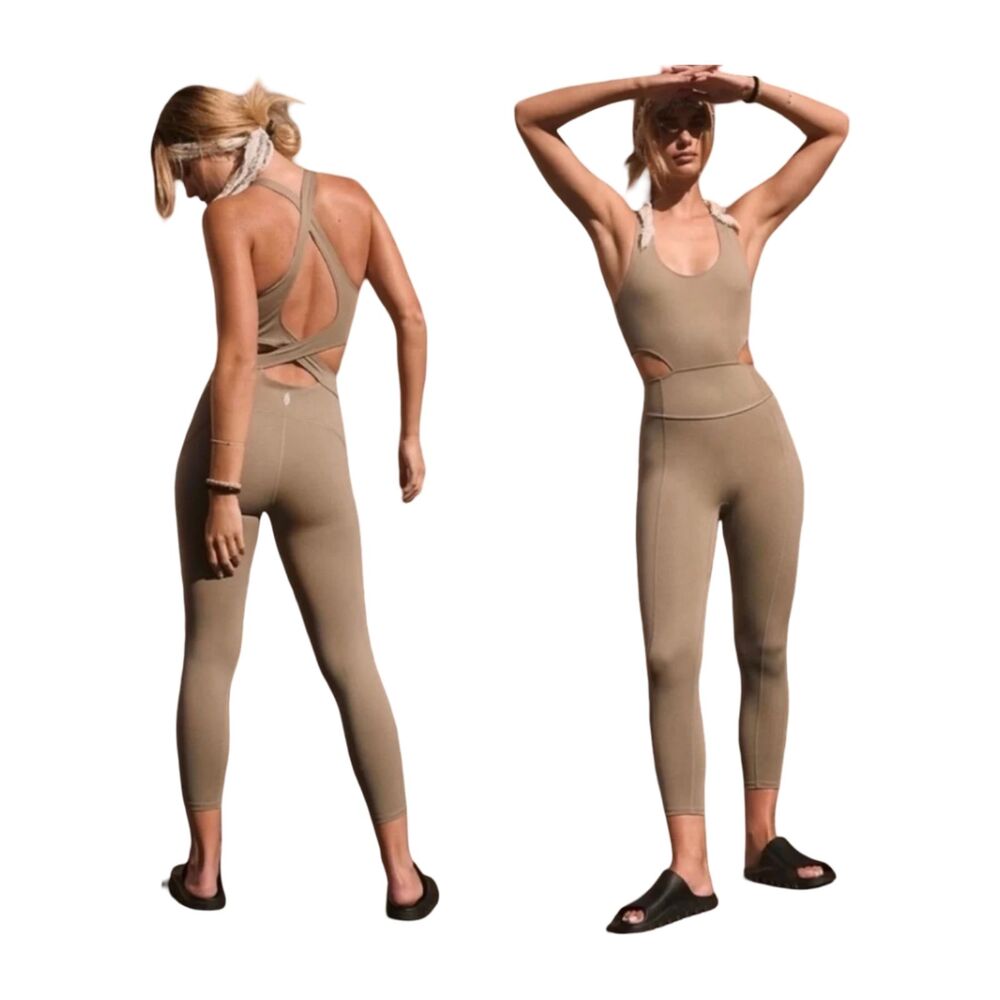 FP Movement NWOT Back It Up Onesie Sage Beige Strappy Back Bodysuit Sz M